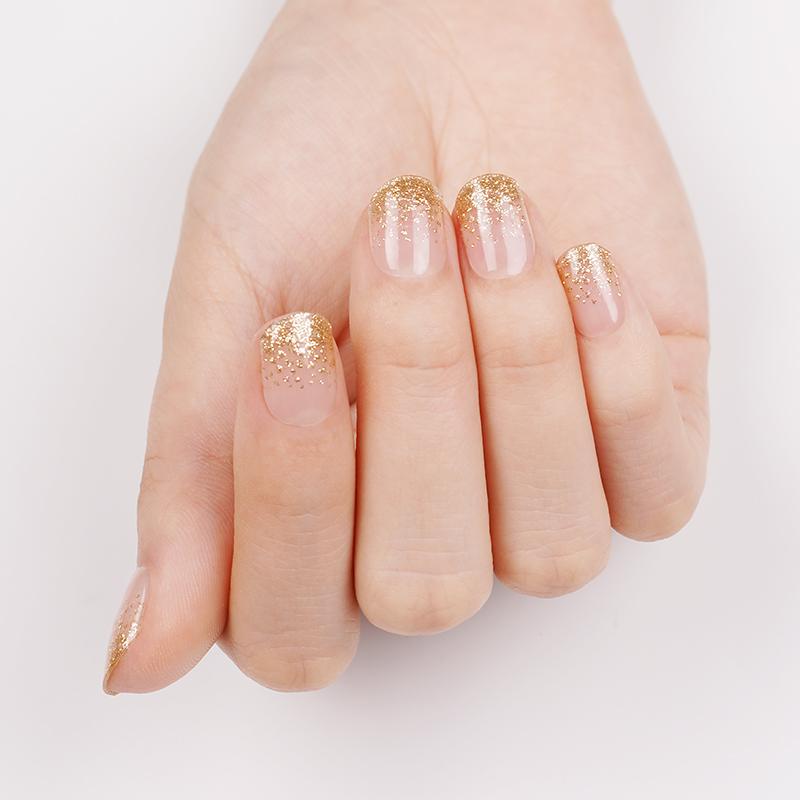 Golden sprinkle semicured gel gold nails